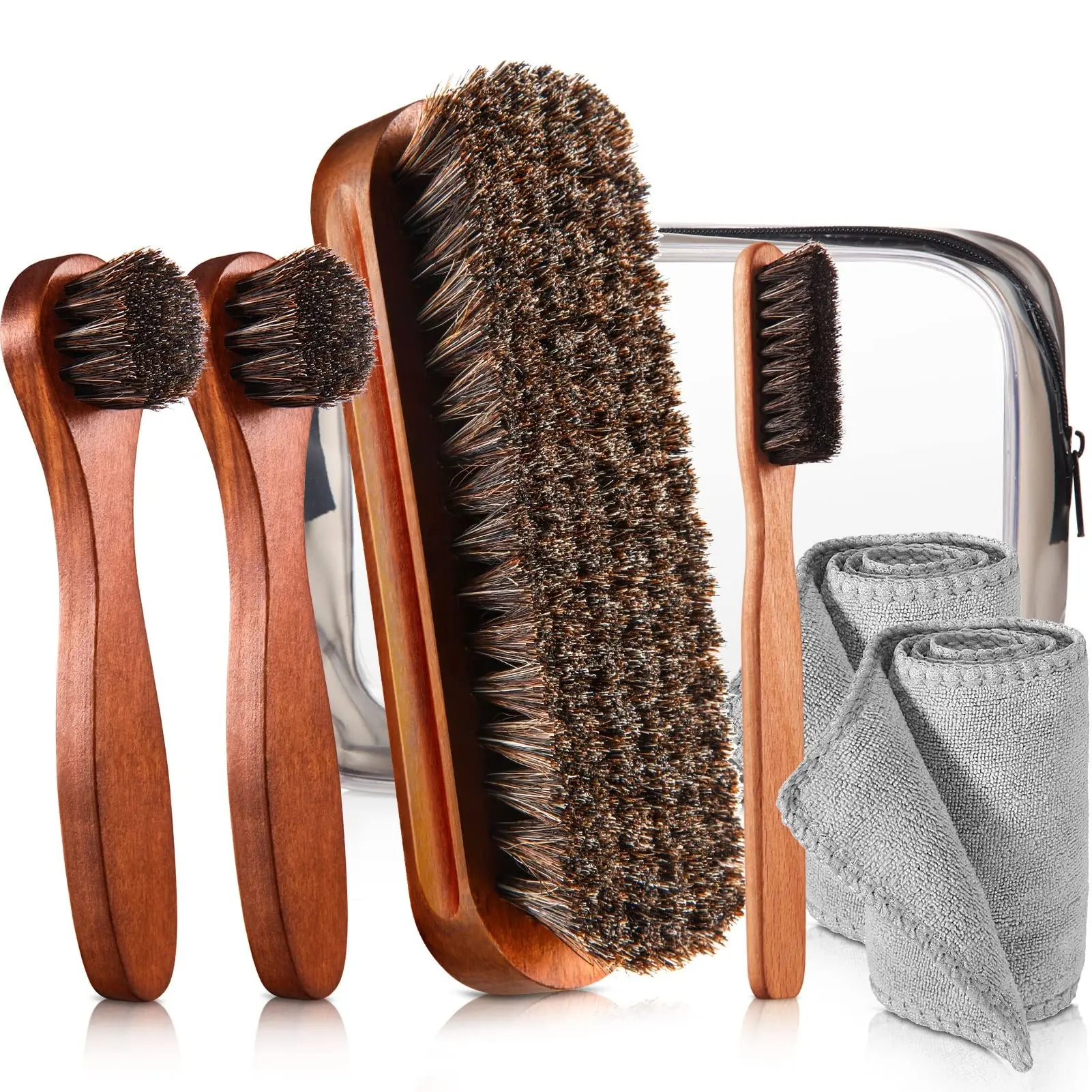 7-Pc Horsehair Shoe Care Tool Kit - Polish Daubers, Cleaning Brushes, Suede Cleaner, Microfiber Polishing Cloth for Leather Footwear