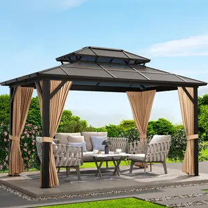 Garvee 10x13ft Hardtop Gazebo, Outdoor Polycarbonate Double Roof Canopy, Aluminum Frame Permanent Pavilion with Curtains and Netting for Garden, Patio, Lawns (Brown)