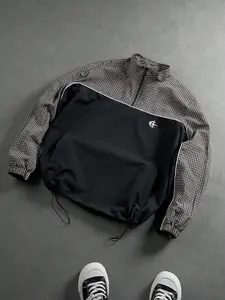 Men's Long Sleeve Half-Zip Windbreaker Jacket, Geometric Pattern Loose-Fit Casual Coat, Retro Streetwear Outerwear with Side Pockets, All-Season Daily Wear