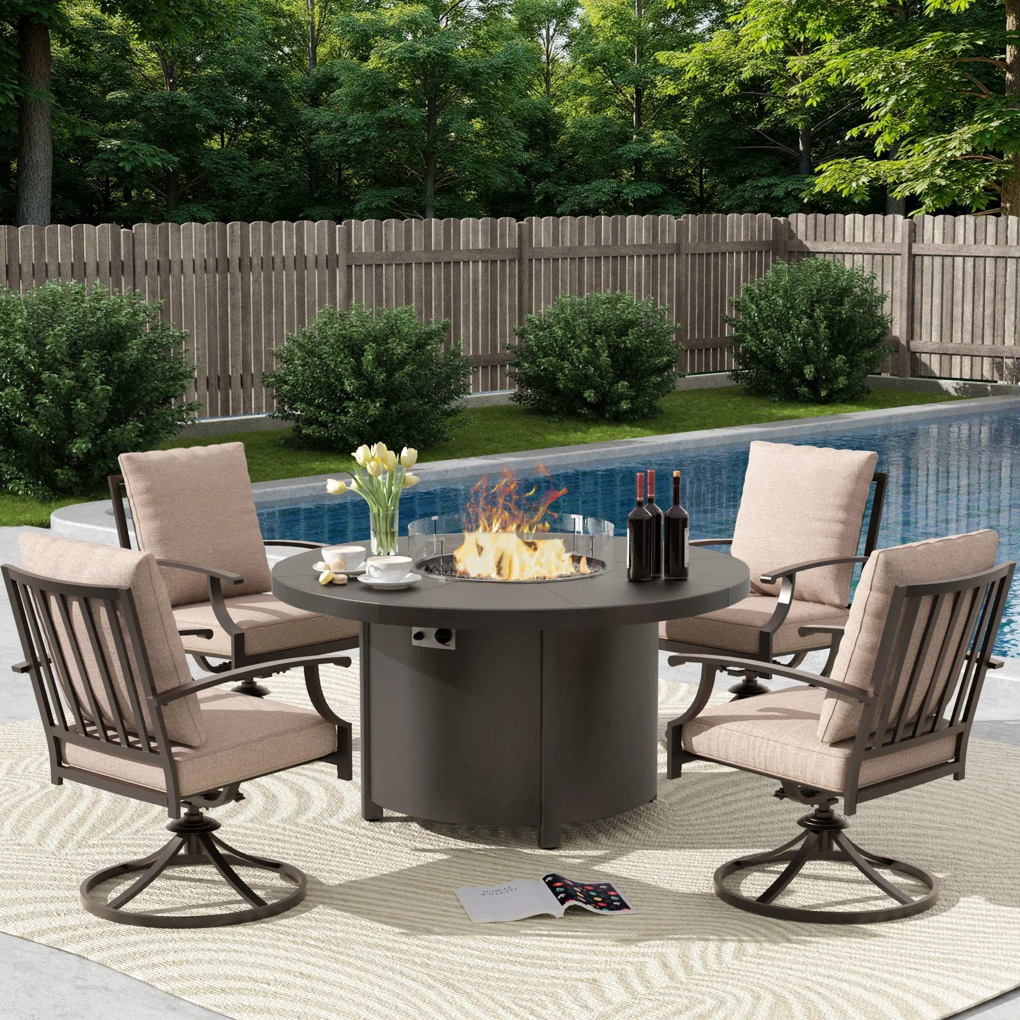 Kullavik 5-Piece Metal Outdoor Patio Furniture Set - 48-Inch 55000 BTU Round Fire Pit Dining Table, 4 Chairs with No-Slip Cushions, Waterproof Covers, Outdoor Furniture Set