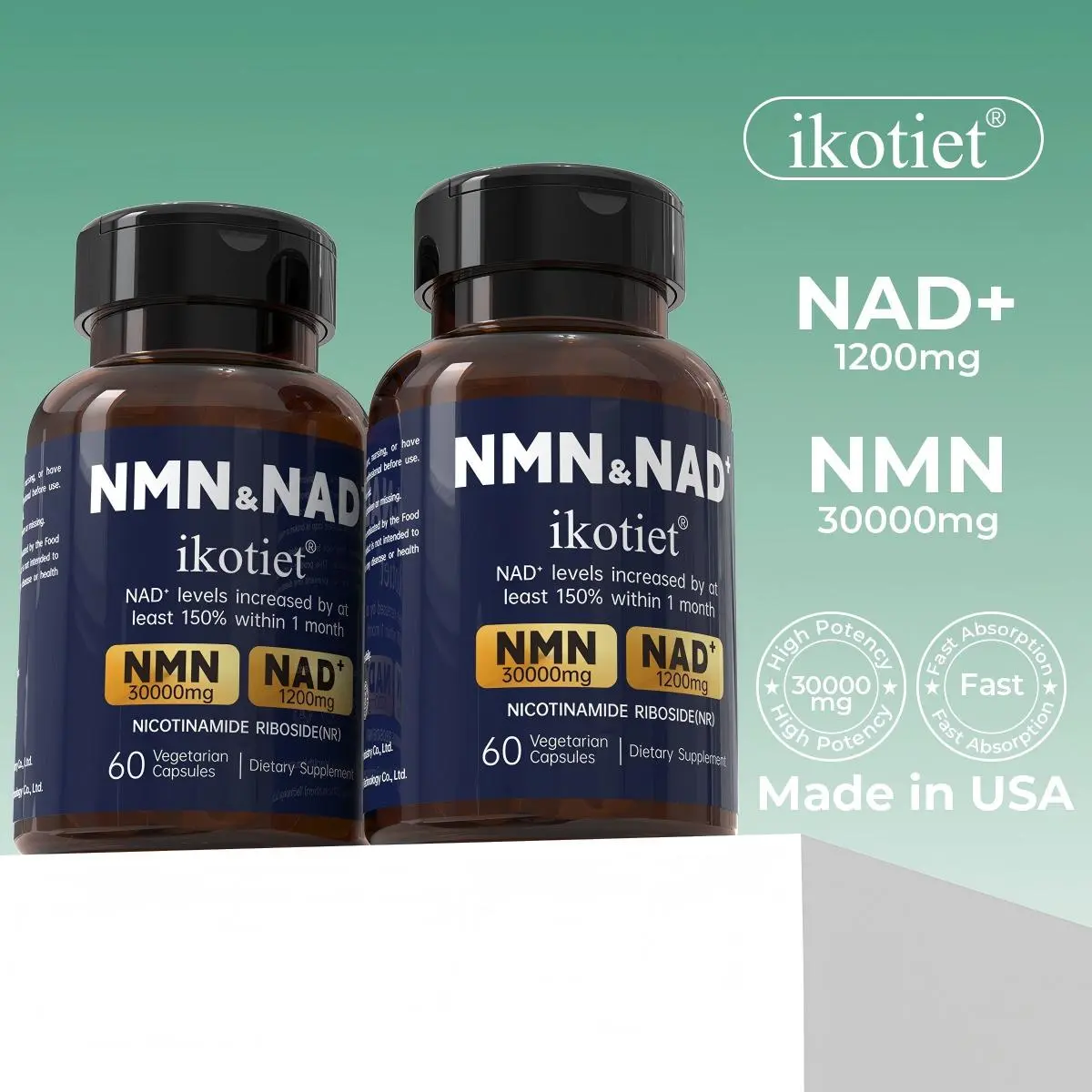 IKOTIET Vegetarian All-in-1 NAD+ & NMN, Magnesium Complex Collagen Supplements - 60 Capsules, Beauty & Wellness Support, Cellular Energy Booster, Anti-Aging for Men & Women, 30 Servings, 1 Bottle Fitness Edible Supplement