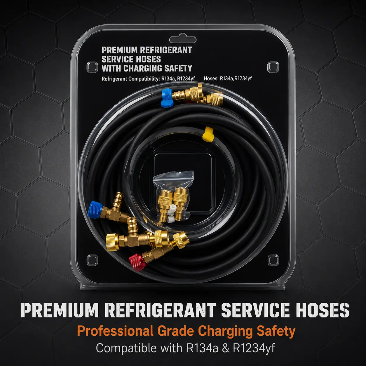 60-in Premium Refrigeration Charging Hose Kit, Newly Upgraded with T-Shaped Safe Valve, 1/4-in Hose, 5/16-in SAE Female & 1/4-in SAE Male Connectors, Pressure Relief Groove, Heavy-Duty Brass Fittings for R134a, R410a, R1234yf, A2L, CFC, HCFC, HFC, HFO, 60