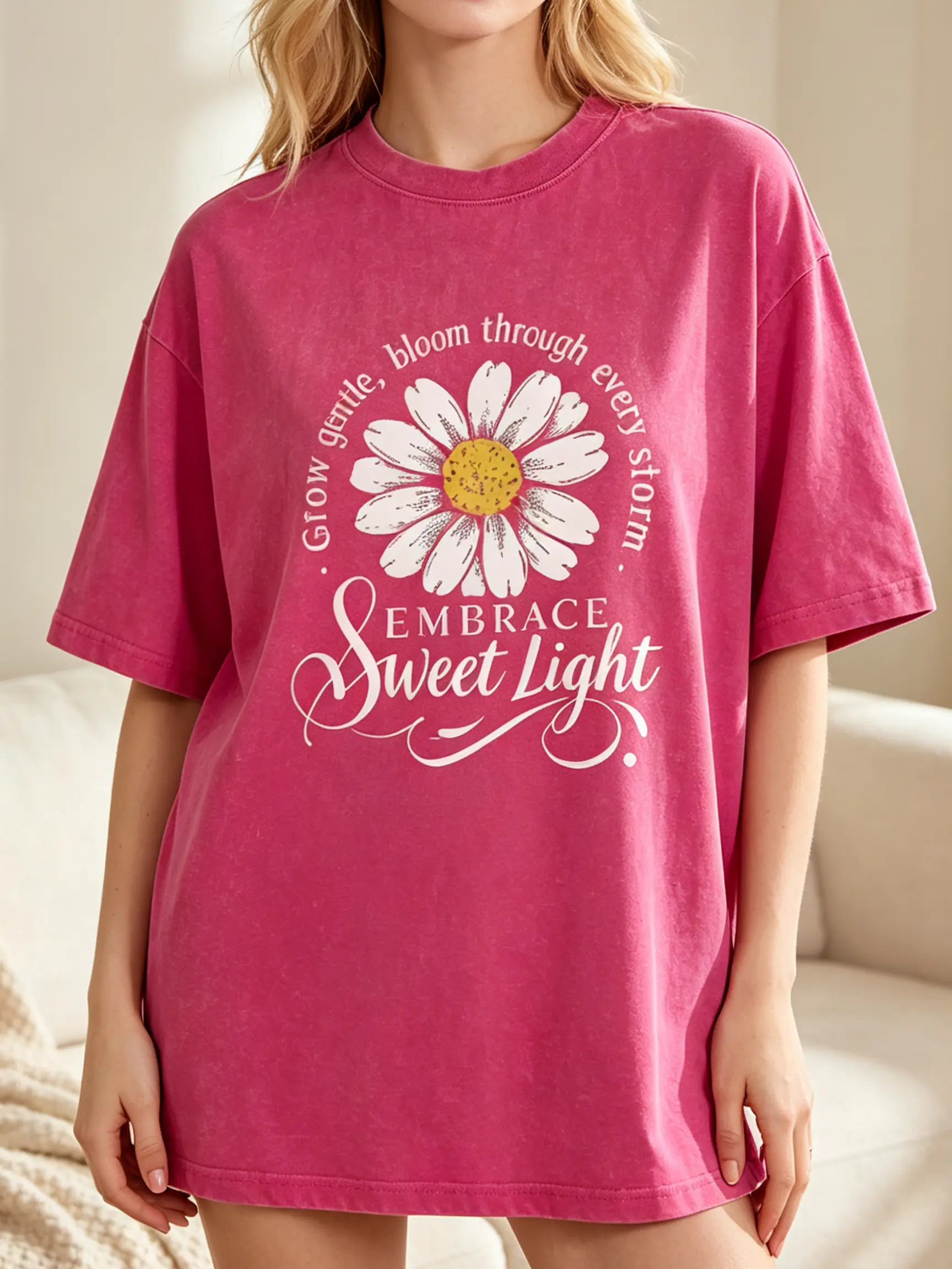 Daisy Letter Print T-Shirt, Women Oversize Graphic Tee, Soft 100% Cotton Loose Fit Short Sleeve Top Crew Neck, Minimal Basic Printed T-Shirt Street Casual Office Home Outdoor Daily Outfits Womenswear