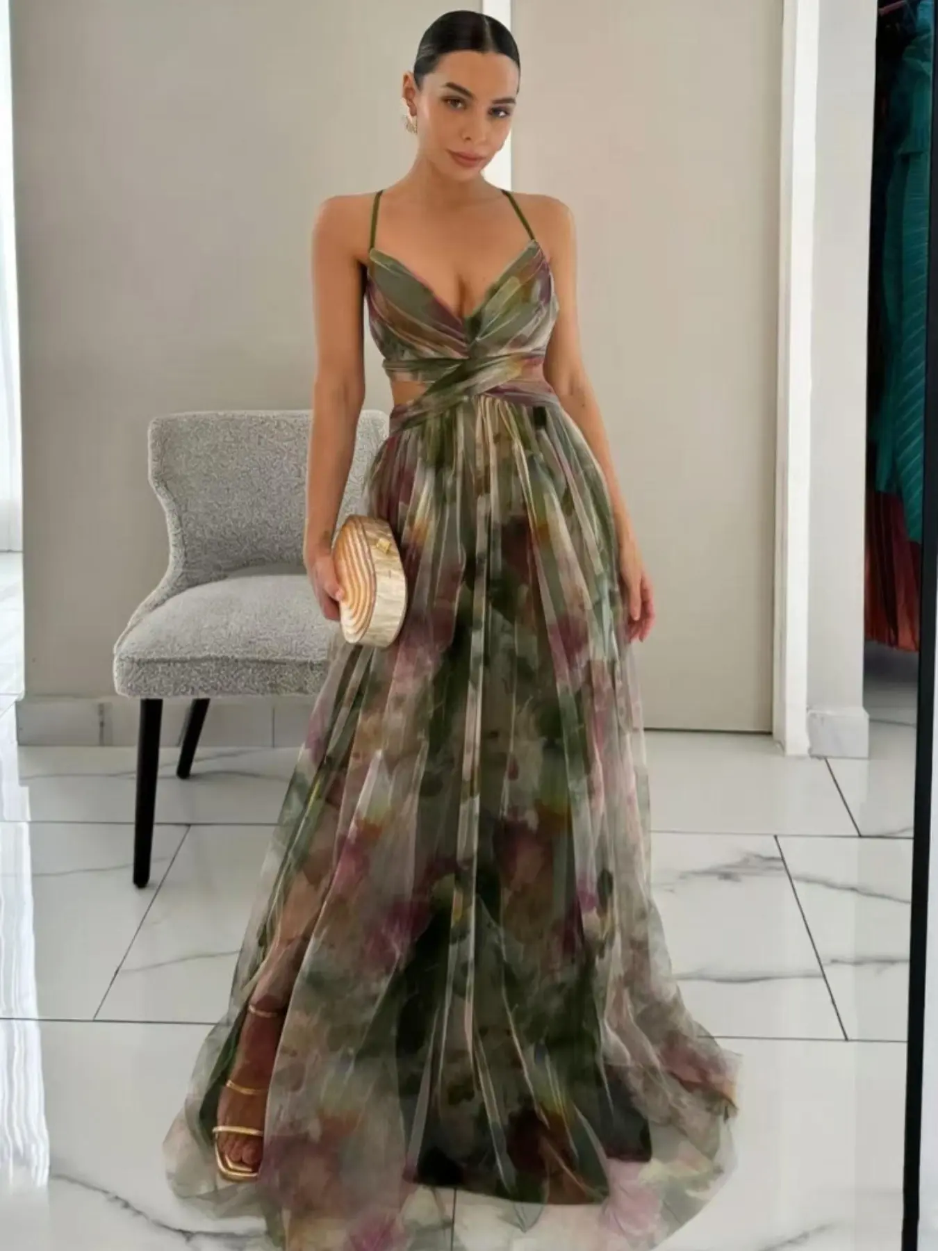 Women's Summer Fashion Chic Elegance Aesthetic Sexy Floral Dress, Elegant Sleeveless V Neck Back Tie Long Dress, Comfortable Soft Fabric, Perfect for Formal Wedding Guest Parties Weddings Formal Wear