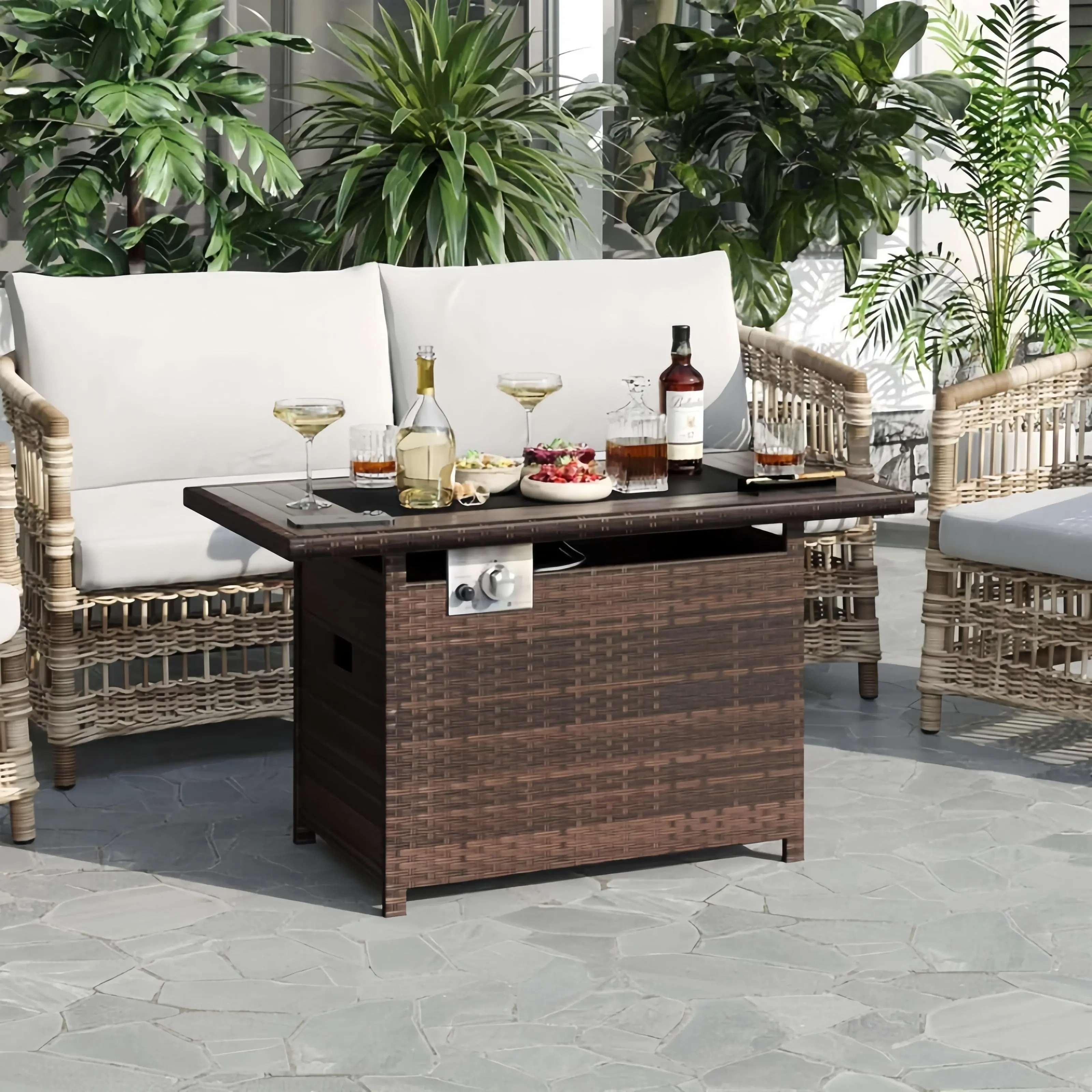 Aoxun Rectangular Propane Fire Pit Table, 48,000 BTU Outdoor Gas Fire Table with Removable Lid & Waterproof Cover, Fire Glass Included, Black Patio Firepit for Backyard Exterior
