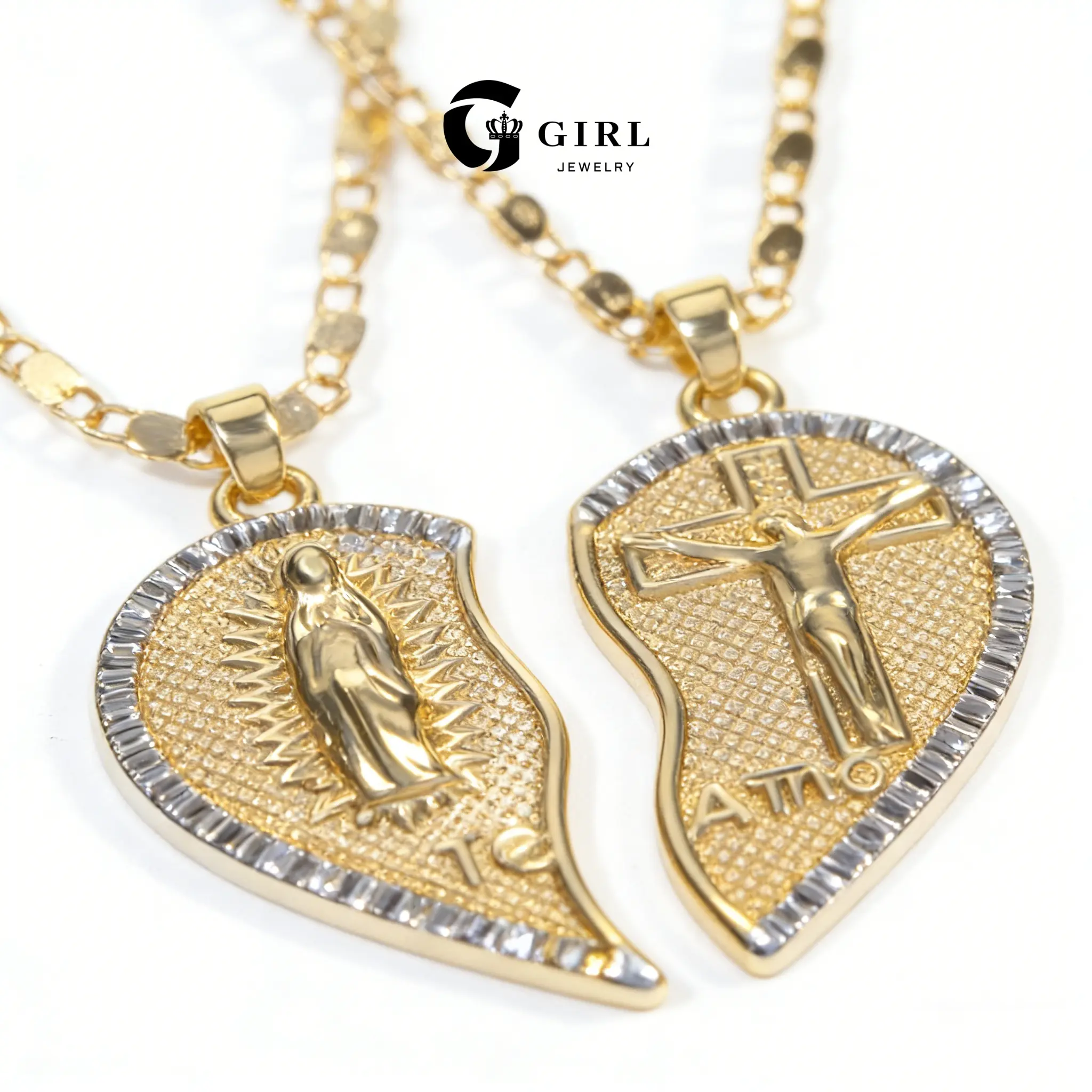 GGIRL 18k Gold-Plated "Broken Heart" Virgin Mary Couple Necklace Set - Virgin Mary & Cross Pendants with 2-Tone Border, Adjustable Chain, Ideal for Couples' Outfits, Valentine's Day Gift