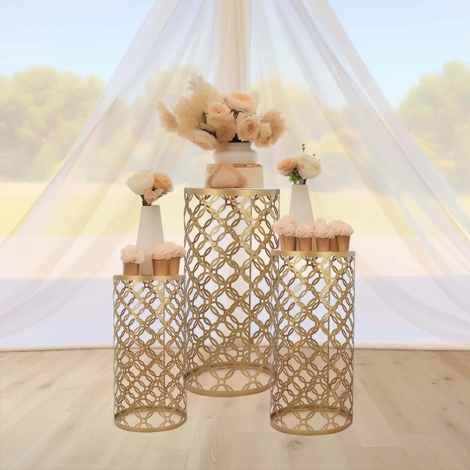 Multi-Size 3-Piece Gold Metal Cylindrical Plinth Pedestal Stands - Hollow Overlapping Circle Mesh Pillars, 22in/24in/30in Modern Floral Racks & Displays for Decorating, Graduation Party Decor, Home Storage, Wedding Table Centerpieces
