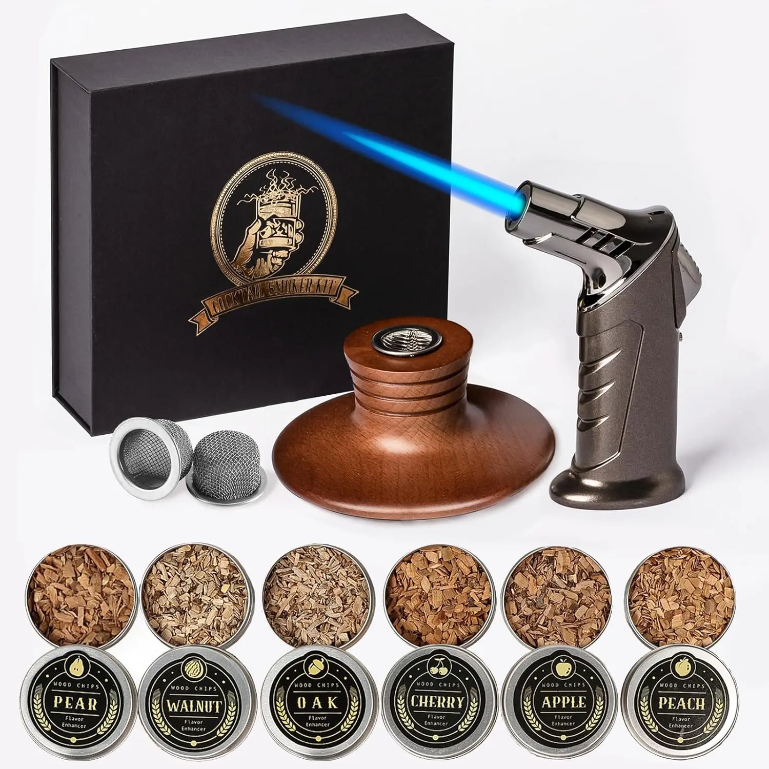 Bourbon Gifts for Men - Cocktail Smoker Kit with Whiskey Smoker Kit with Lighters (butane-free) and 6 Wood Chips for Whiskey and Bourbon, Old Fashioned Cocktail Kit, Whiskey Gifts, for Dad, Husband and Cocktail Lovers drink