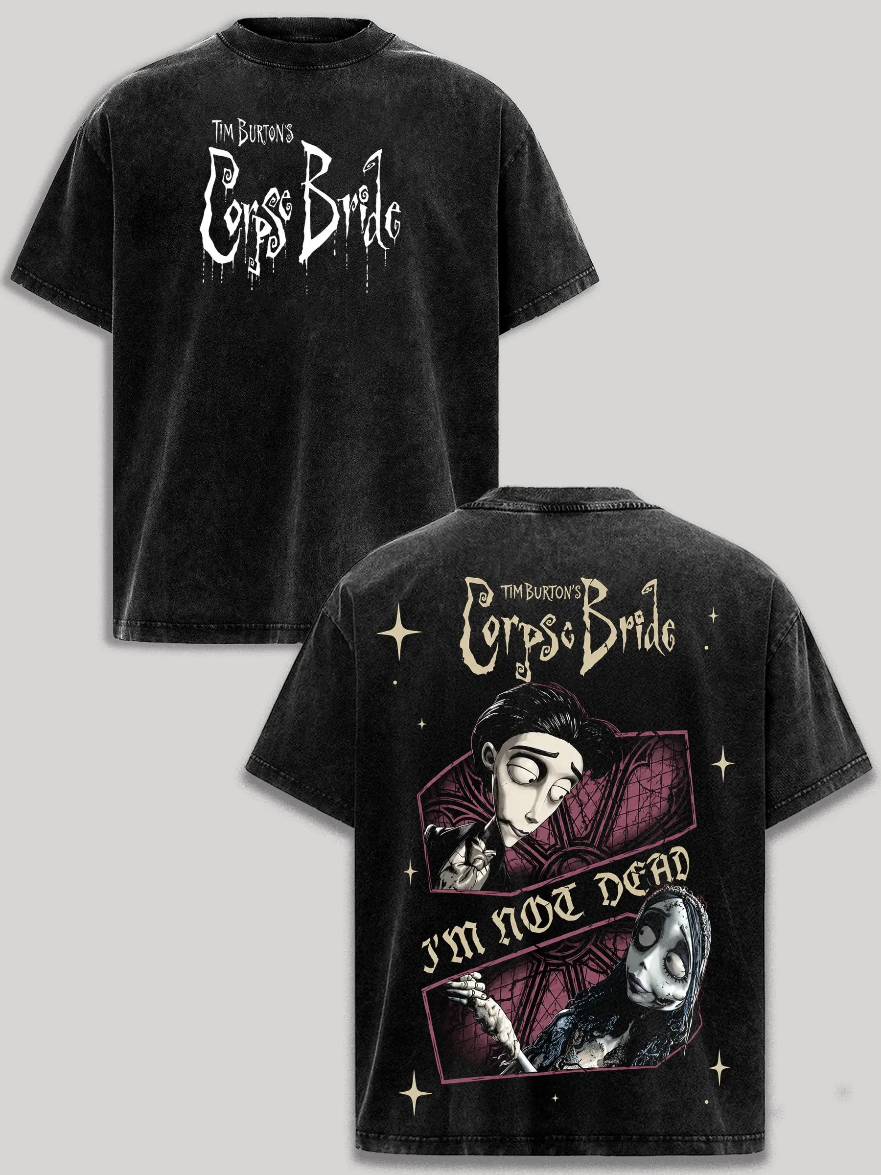 Corpse Bride Vintage Washed T-Shirt Tim Burton's Corpse Bride Graphic Tee Emily Victor Gothic Movie Shirt Dark Fantasy Halloween Oversized Heavyweight Cotton Acid Wash Black Tee Emo Goth Streetwear Unisex Gift