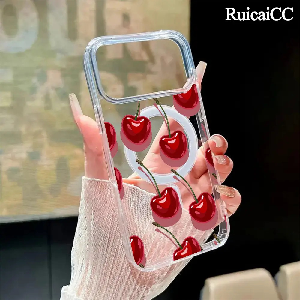 Magnetic Phone Case for iPhone 17 16 Pro Max Plus 15 14 13 12 11 Air Sexy Red Cherry Graffiti Pattern Anti-Yellowing Shockproof ultra-thin Silicone Crystal Transparent Acrylic Large Hole Cover Supports Wireless Charging, Aesthetic, Accessories
