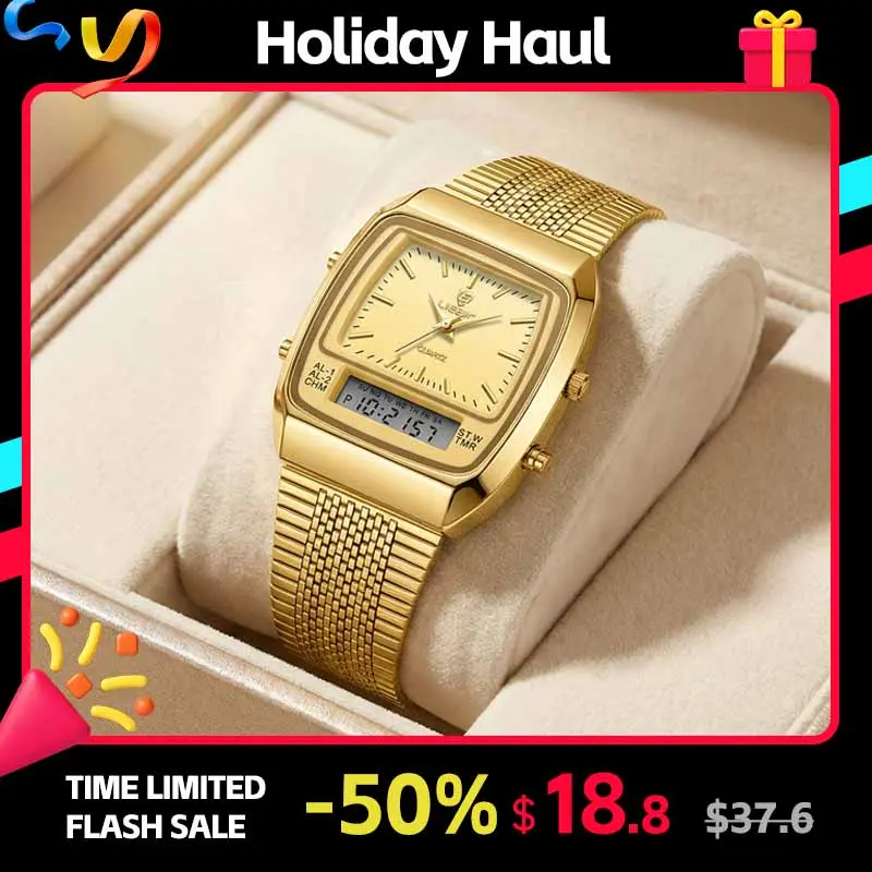 LIEBIG Heritage-Inspired Gold-Tinted Square-Shaped Multi-Function Fashionable Digital Watch for Men - 30M Waterproof, Dual Analog-Digital Display, Stainless Steel Casual Quartz Rectangular Face, Ideal Gifts, Gold-Tinted Digital Watches, Multi-Function Dig