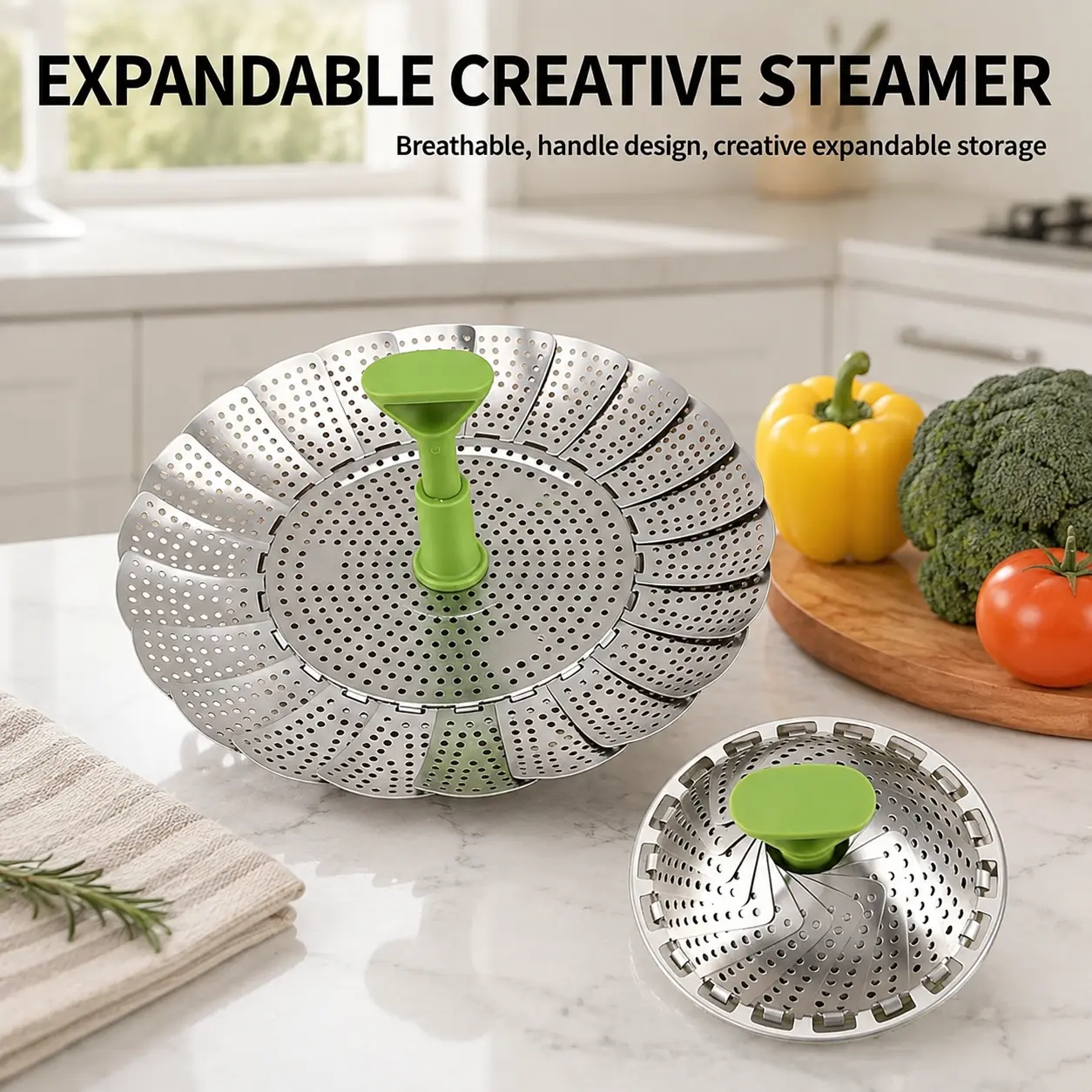 Stainless Steel Perforated Vegetable Steamer Basket - Folding Expandable Kitchen Utensil Insert with Extendable Handle for Multi-Size Pots, Home Cooking Supplies Party Gift