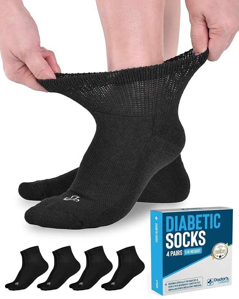 Doctor's Select Men's and Women's Diabetic Quarter Ankle Socks, 4 Pairs, Soft Cushioned with Loose Fit Non-Binding Top for Neuropathy, Menswear, Foot Pain Relief