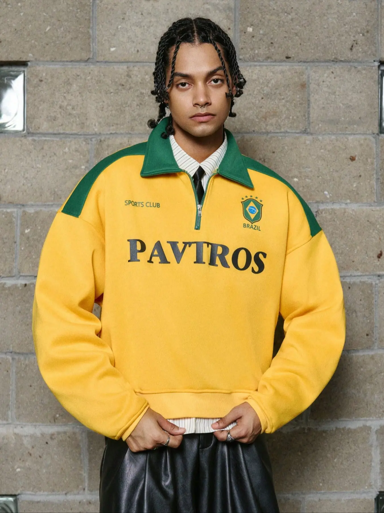 Oversized Quarter-Zip Brazil Soccer Club Hoodie - Mustard Yellow & Green Retro Sports Pullover, Soft Fleece Casual Sweatshirt for Streetwear, Brunch & Game Day Outfits 2026 Trend