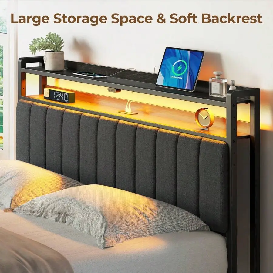 GREENSTELL Headboard For Twin/Full/Queen Size Bed With Storage, Headboards With Outlets, USB Ports And LED Light, 60,000 DIY Color Of LED Light, Head Board With USB & Type C Port, Height Adjustable, Height Adjustable, Comfortable Headboard