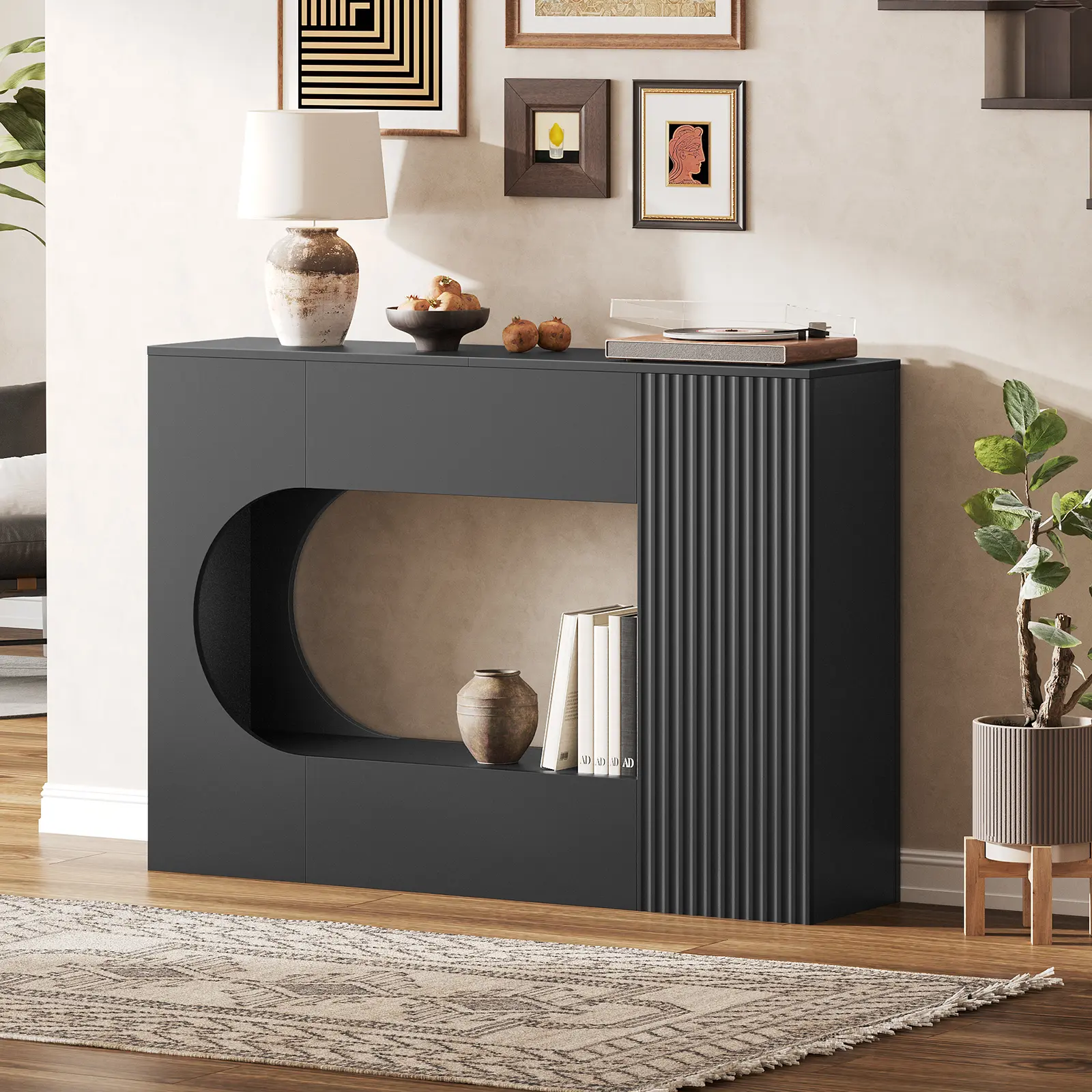 MAHANCRIS 47.2'' Modern Console Table, 2-Tier Entryway Console Table with Storage, Black Sofa Table Behind Couch, Geometric Design, for Living Room, Hallway, Corridor, Black #SummerVibes#DealsforYouDays #SummerGarden