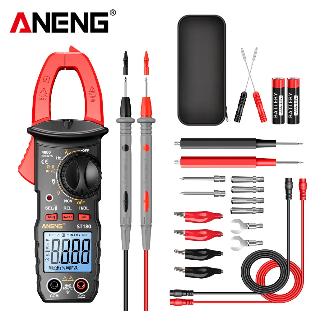 ANENG ST180 1.33" Jaw Digital Clamp Meter Multimeter Tool, 4000-Count Auto-Ranging, AC/DC Current-Voltage Tester, Temperature Continuity Diode NCV Capacitance Check, Backlight Read, Flashlight, Vehicle Testing, 1 Combination Lead, 1 Instruction Manual