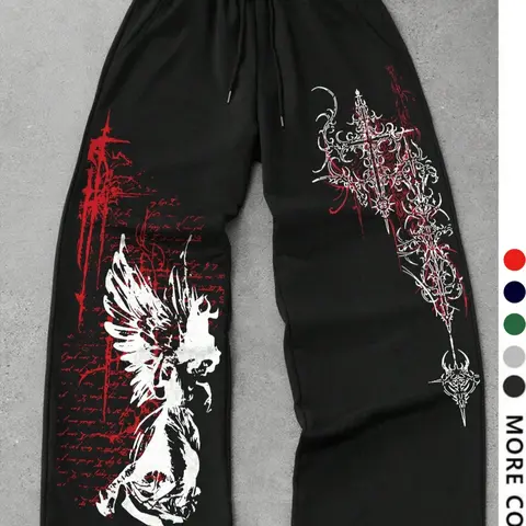 Men's Casual Sporty Long Pants, Sports Casual Pants, Angel & Cross Pattern Print, Drawstring Wide Leg Loose Fit, All Season Men's Fashion Bottoms, Athleisure Style, Casual Sportswear Pants, Casual Comfy Sporty