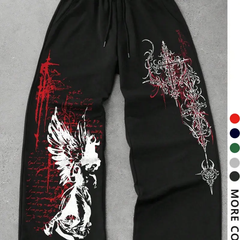 Men's Casual Sporty Long Pants, Sports Casual Pants, Angel & Cross Pattern Print, Drawstring Wide Leg Loose Fit, All Season Men's Fashion Bottoms, Athleisure Style, Casual Sportswear Pants, Casual Comfy Sporty
