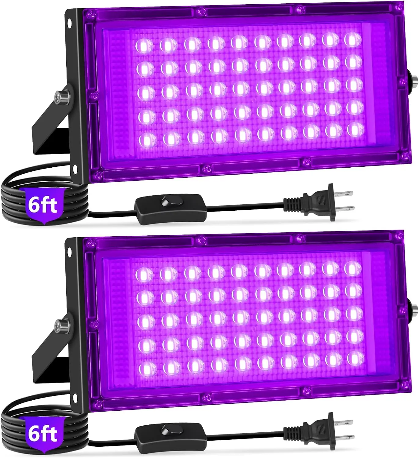 50W LED Black Lights with Switch+Plug, IP66 Waterproof, 2 Pack | Blacklight Flood Light for Halloween, Neon Glow Party Supply, Bedroom, Fluorescent Poster, Body Paint, Outdoor