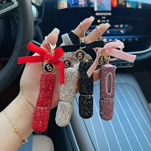 Full Rhinestone Perfume Bottle Keychain with Bow, Bling Clay Car Key Ring, Luxury Bag Charm Accessory for Women Girls