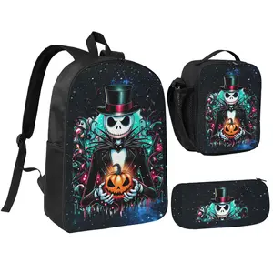 Three Piece Set The Nightmare Before12 Christmas Printed Backpack Waterproof Curved Adjustable Shoulder Strap High Capacity Mesh Messenger Bag
