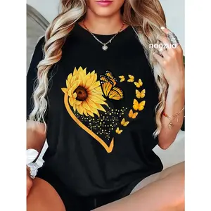 Sunflower Butterfly Heart Summer Floral Girls Women T-Shirt
