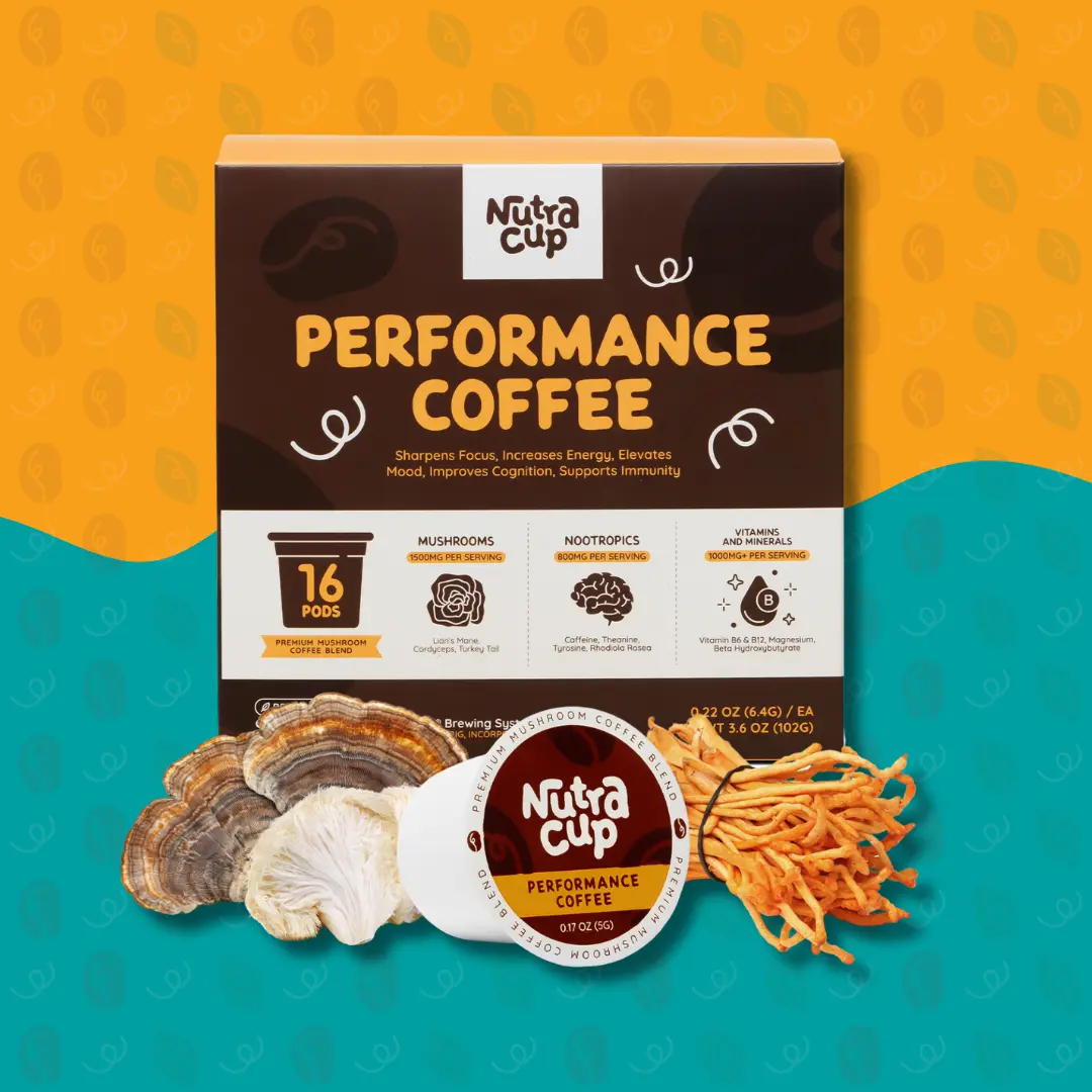 NutraCup Performance Mushroom Coffee K-Cup Pods with Nootropics for Better Focus, Energy, Digestion, and Immunity - 16 pods