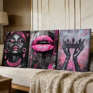 3 Counts Wooden Framed Canvas Painting, Glam Pink Lips And Crown Art Images, Exquisite Poster, Perfect Living Room Decoration, Modern Art, Fashion Family Poster, Wall Art Decoration, Waterproof Art