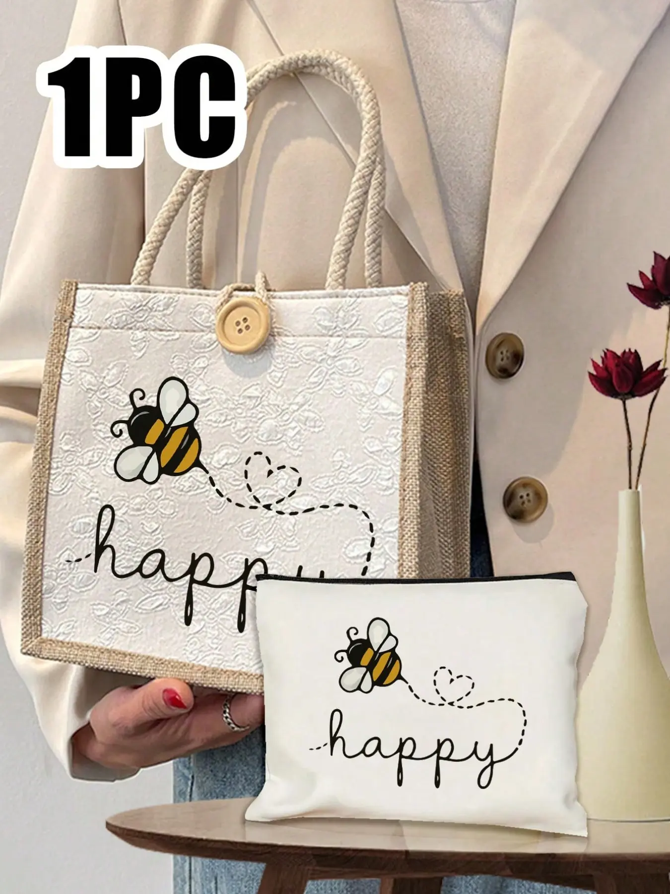 Women's multifunctional tote bag, printed with cute bee and heart patterns, holiday-style letter design shopping bag, suitable for weddings, birthdays, the beach, and various festive occasions, linen tote bag, portable, lightweight, and foldable for stora