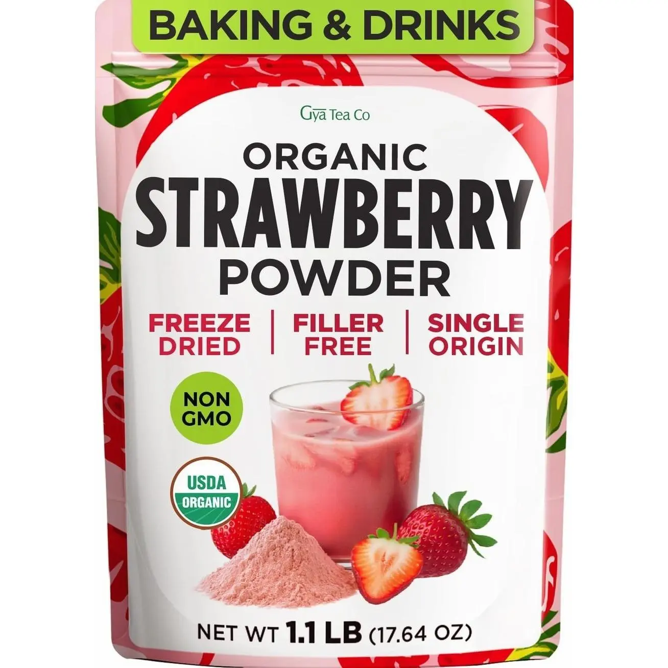 Organic Strawberry Powder 1.1 Lb (71 Servings) for Smoothies & Baking | 100% Freeze Dried, No Fillers, Non-GMO, Vegan Fruit Powder for Frosting, Yogurt, Desserts & Milk - Natural Pink Color