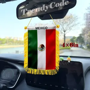 4x6in Mexico Fringy Hanging Flag with Suction Cup, Mini Banner for Car Rearview Mirror, Game Day Décor
