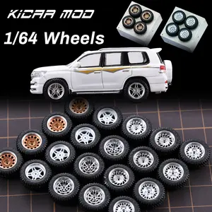 Kicarmod 1/64 Off-Road Wheels with Rubber All-Terrain Tires Rivet Axle Metal Rims 4 Sets a Pack For Die-Cast Model Cars