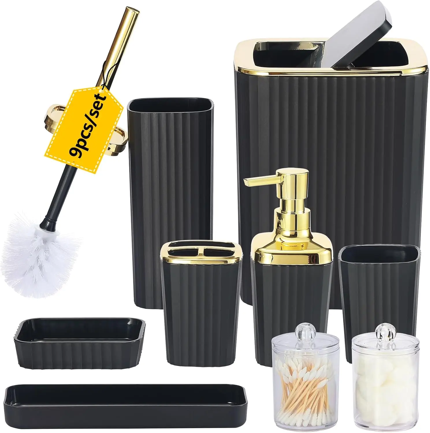 Bathroom Accessories Set - Gorgeous Black Bathroom Set, 9PC Bathroom Accessory Set, Toilet Brush, Trash Can, Qtip Holder & Soap Dispenser