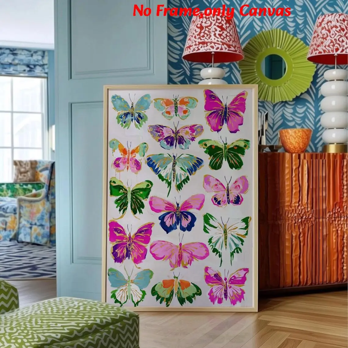 1 pc, wall art, animal poster, dopamine art print, Creative Design Print, pink green blue butterfly canvas painting, bedroom decor, living room decor aesthetic, modern home decor, housewarming gift, unframed