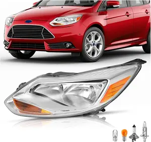 HECASA Left Headlight Assembly Compatible with 2012-2014 Ford Focus 4-Door Replacement for FO2502298 K301153LAS1 Driver Side Halogen Headlamp w/bulbs Clear Lens+Chrome Housing