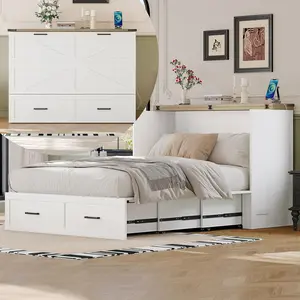 Full Size Farmhouse Murphy Cabinet Bed with Charging Station, Foldable Platform Bed with Large Storage Drawer for Guest Room, Small Bedroom, White