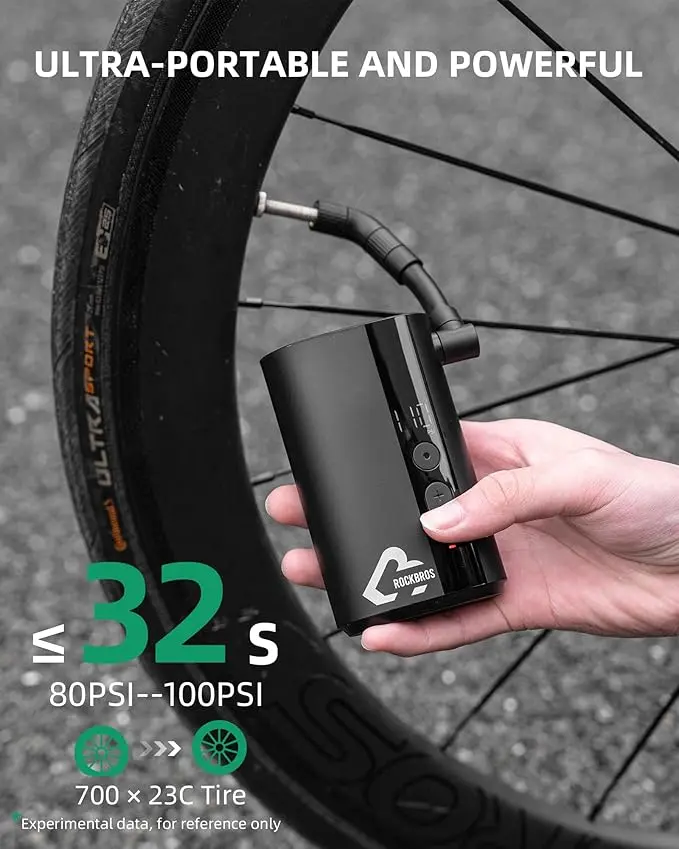 ROCKBROS Mini Electric Bike Pump  150PSI, 32s Fast Inflation, Bike Tire Pump with Digital Gauge, Auto-Shutoff, Compatible with Presta and Schrader Valves