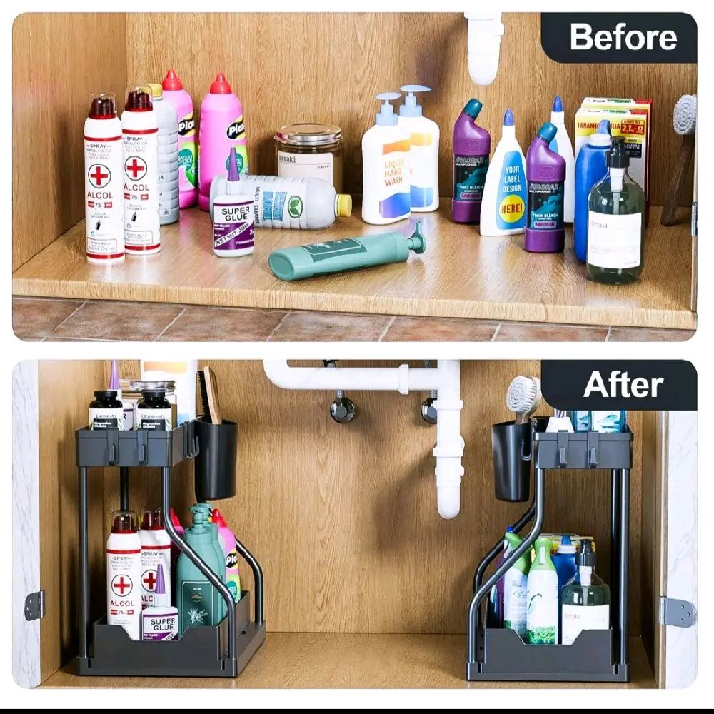 2 Packs 2 Tier Under Sink Organizers and Storage, Slide out Pull out Organizer