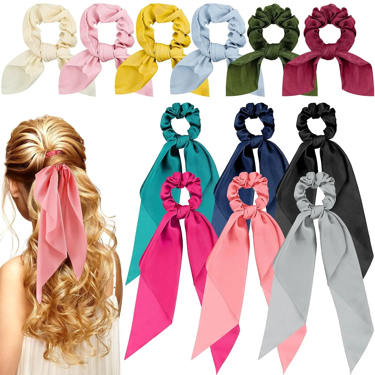 12 Pcs Hair Accessories for Women Hair Bows Scrunchies Scarf Ties Bunny Ears Silk Satin Scrunchies Hair Ribbons Hair Scarf Hair Ties with Bows for Women Lady(Fresh Color) summerwins
