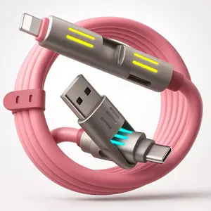240W 4-in-1 USB C Multi Charger Cable with LED Indicator, PD 5A Fast Charging & Durable Silicone, USB-A, USB-C, iOS Connectors for iPhone, Samsung, 5FT (Pink)