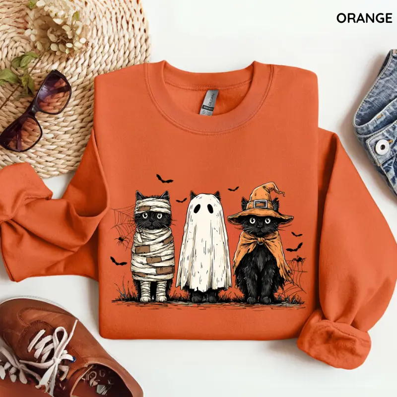 Halloween Cat Sweatshirt, Ghost Cat Shirt, Happy Halloween, Retro Spooky Season, Black Cat Sweater