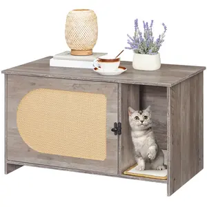 HOOBRO Cat Litter Box Enclosure with Rattan Door, Cat Furniture, Litter Box Enclosure with Adhesive Scratching Mat, Coffee Table, 31.5" L x 17.7" W x 18.1" H, Greige