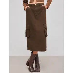 Cider [size 0-10] Denim Mid Rise Solid Pocket Split Cargo Midi Skirt