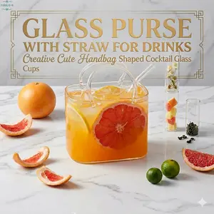Glass Purse with Straw for Drinks Creative Cute Handbag Shaped Cocktail Glass Cups for Fruit Juice, Tea, Flowers