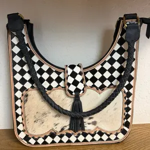 Checkered and Cowhide Shoulder Bag with Braided Handles and Tassel Detail