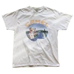 Camel Smoking Joe Fly Fishing White Tee, Vintage Promo Tee From The 90s Y2k Era