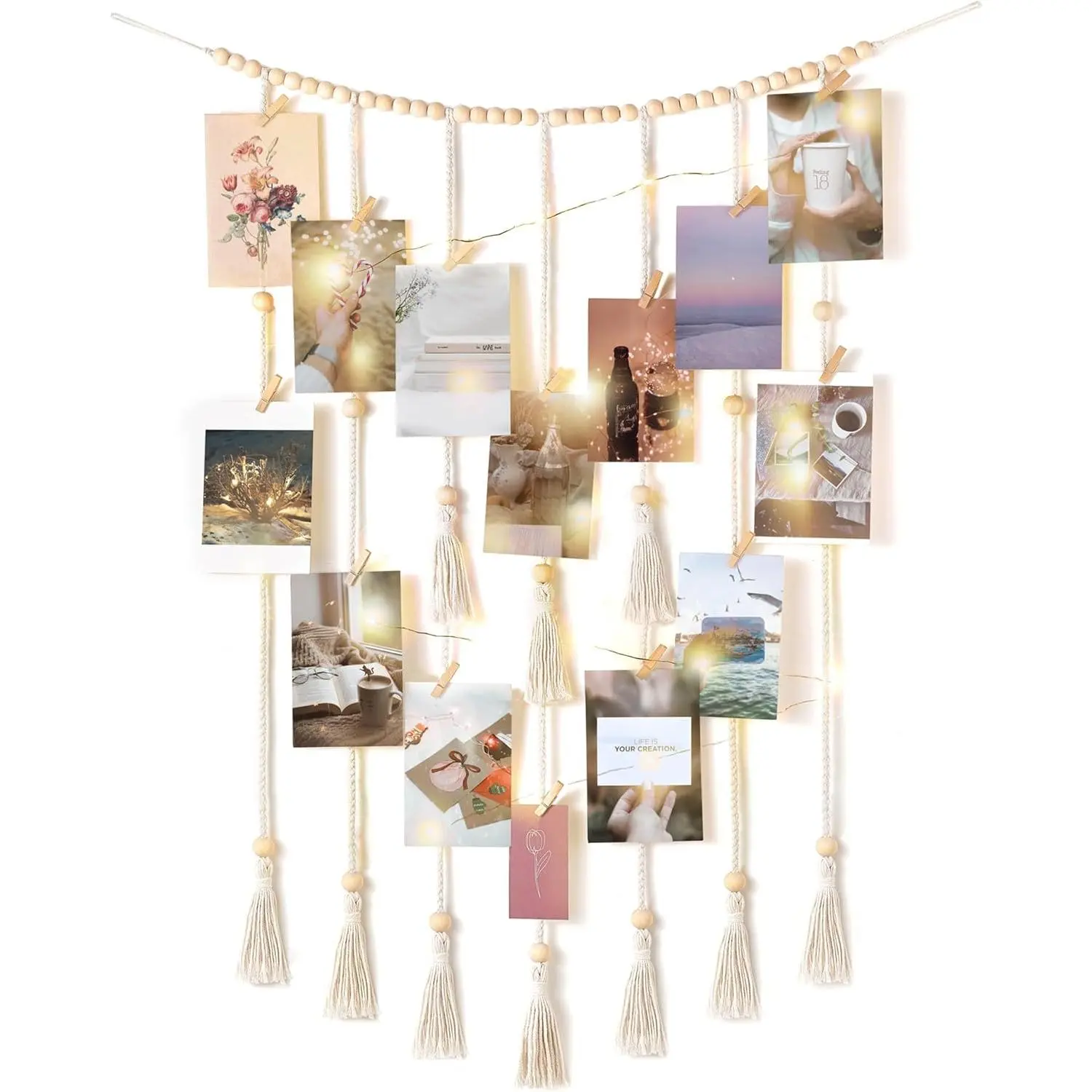 Macrame Hanging Photo Display Wall Decor with String Lights Boho Room Bedroom Wooden Beads Garland Picture Holder with 30 Clips