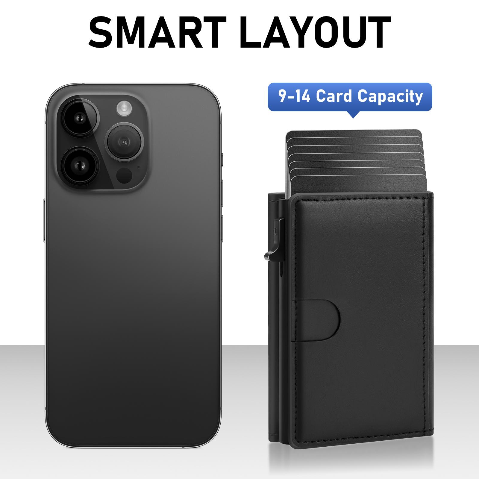 Men's Leather Slim Wallet Compact Design for Cards and Cash One-Click to Pop Up RFID Blocking | ID Window | 9-14 Card Capacity