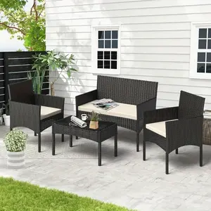 4-Piece Outdoor Wicker Rattan Patio Furniture Set – Black Conversation Set with Waterproof Cushions and Side Table, Ideal for Lawn, Backyard, Garden, Balcony, Porch & Poolside, Perfect for Outdoor Gatherings and Relaxation